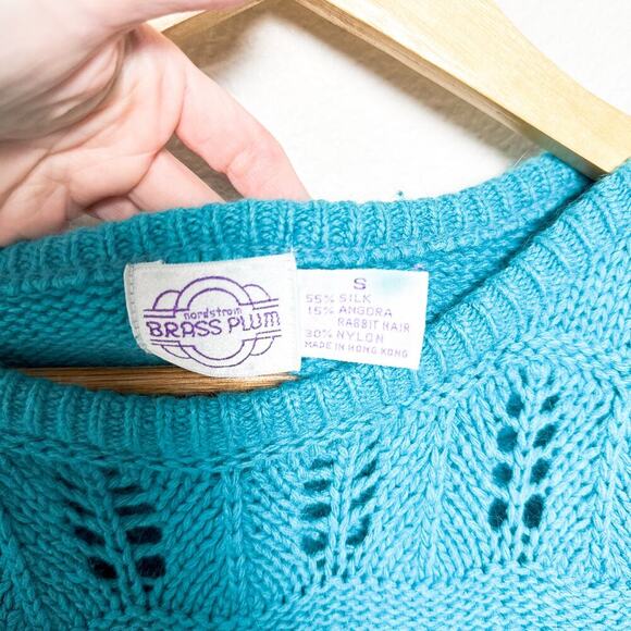 Vintage 80s Brass Plum teal blue silk angora puff sleeve knit sweater Small - Picture 2 of 5